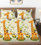 Cream microfiber giraffe double bedsheet for kids, cartoon printed with yellow accents, includes four pillow covers (90x100 inch size)