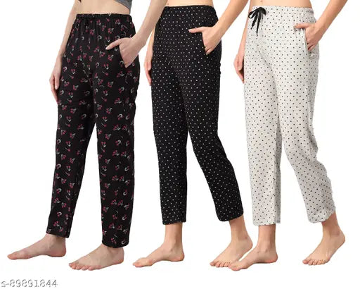 Multicolor printed cotton pyjama lounge pant nightwear set for women & girls (pack of 3), soft fabric with elasticated waistband. Ideal for sleepwear, yoga wear, jogging wear