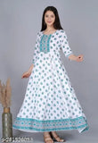 White viscose rayon anarkali with printed combo, three-quarter sleeve length. Women's fashion, Indian traditional attire