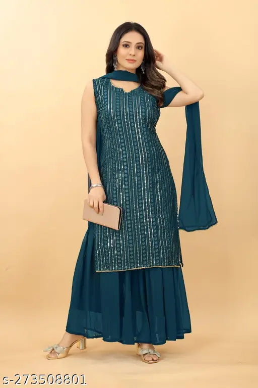 Georgette embroidered women's kurta & sharara with dupatta, Indian traditional clothing set