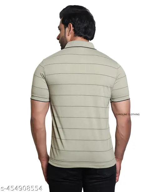 Striped cotton blend polo neck t-shirt, modern fit for men's casual wardrobe upgrade