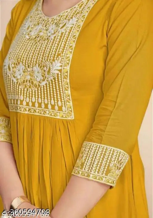 Mustard rayon three-quarter sleeve Indian embroidery work Nera cut Kurta, beautiful embellishments on display