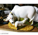 Marble Kamadhenu Cow and Calf Statue, intricate Indian handicraft, 13cm tall