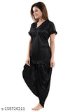 Satin Patiala Night Suit - Solid V-neck, Short Sleeves, Lace details