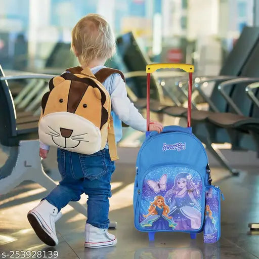 Light blue waterproof trolley bag, 16 inch Indian Riders school bag for kids. Durable polyester net material, spacious interior, adjustable padded straps, perfect for A4 notebooks