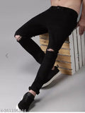 Designer fit denim jeans, men's slim fit black knee cut, solid fabric, size 28-36 (India origin)