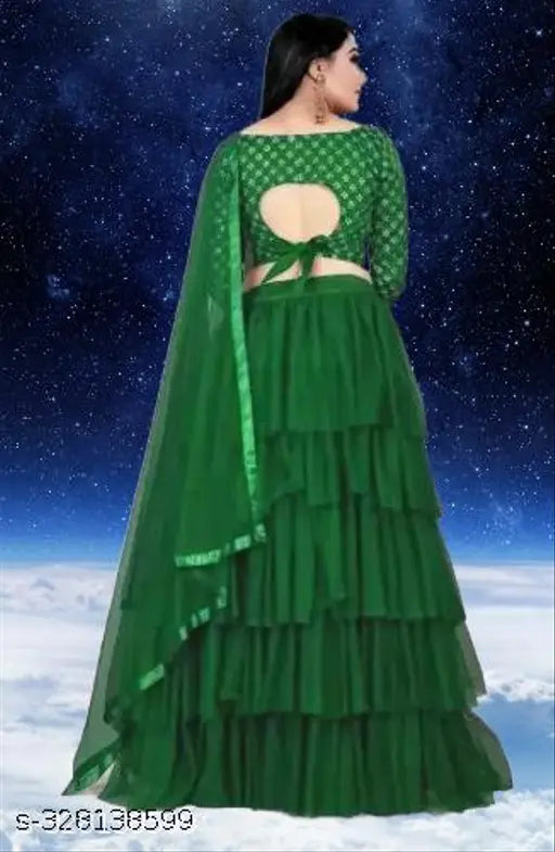 Heavy pure butterfly net ruffle lehenga choli with dupatta, embroidered and lace pattern, semi-stitched or unstitched in free size or 40/42 inches. Indian designer ladies' lehenga choli fashion