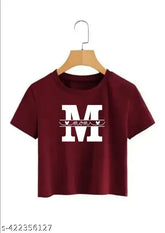 Mahroon crop top t-shirt for women and girls M-Mom printed, lycra short sleeves, size S (32in bust, 18in length)