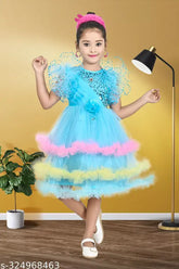 Blue and Pink Girls Cotton & Net Partywear Frock & Dresses Combo for Kids (Ages: 6 months - 7 years)