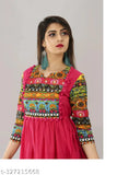 Rayon full printed long kurti Anarkali, three-quarter sleeves, solid combo pattern on woman, Indian ethnic wear S (36in bust), various sizes available