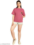 Oversized printed pink cotton women's t-shirt, loose fit for comfort and trendy casual wear