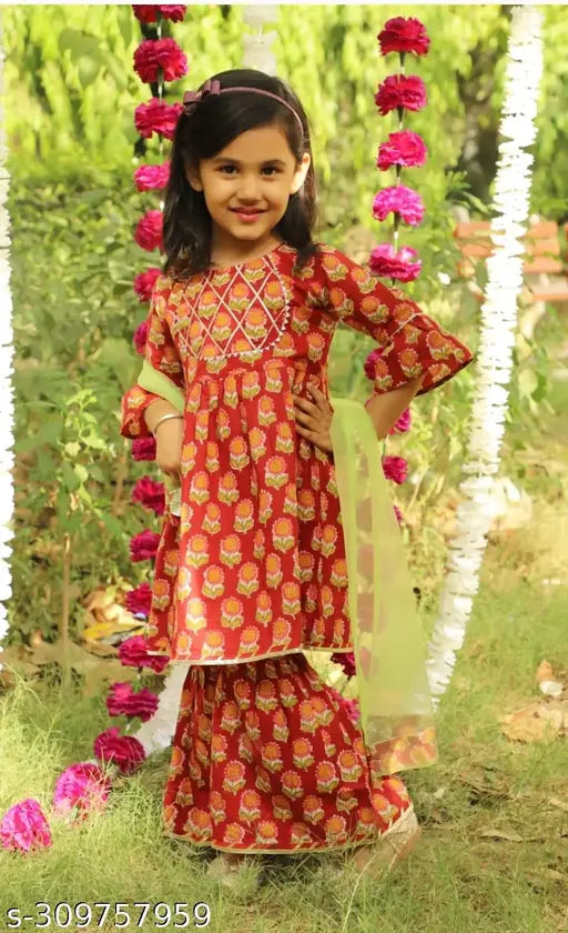 Cotton Anarkali Kurti Sharara Set with Net Dupatta, printed floral design, three-quarter sleeves. Traditional ethnic outfit for little girls with matching sharara and elastic waist. Mother-daughter combo available in various sizes from 4-5 Years to 9-10 Years, origin India