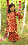 Cotton Anarkali Kurti Sharara Set with Net Dupatta, printed floral design, three-quarter sleeves. Traditional ethnic outfit for little girls with matching sharara and elastic waist. Mother-daughter combo available in various sizes from 4-5 Years to 9-10 Years, origin India