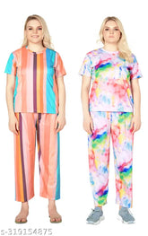 Women's printed polyester night suit set - short sleeve top & pyjamas, vibrant design for women and girls