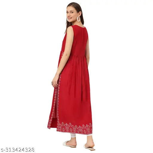 Printed rayon Anarkali long dress kurti for festivals, sleeveless and ankle length for women" (118 characters)