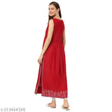 Printed rayon Anarkali long dress kurti for festivals, sleeveless and ankle length for women" (118 characters)