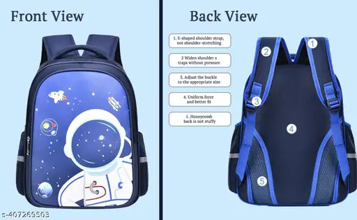 Blue lightweight schoolbag with astronaut sapphire design, perfect for primary school students aged 7-12 years. Features adjustable single shoulder strap, cartoon design, and zipper closure. Made of polyester net and cotton fabric. Ideal for daily use, shopping, or travel. Size: Free Size (30 cm x 16 cm x 40 cm). Origin: China