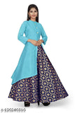 Silk three-quarter sleeve top with jacquard skirt, solid pattern, matka best sky for girls aged 5-15 years. Indian handloom clothing