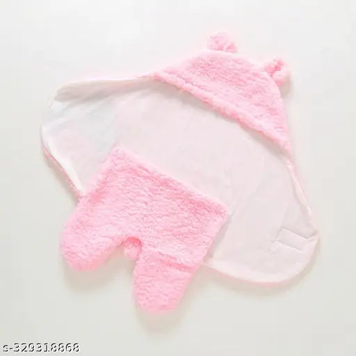 Pink microfiber hooded baby blanket by Aakriti, featuring a soft fabric and safety-focused design, perfect for newborns