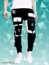 RusticBlooms men's black cotton blend cargo pant, stylish and comfortable mid-rise design. Solid black with versatile white accents for casual or sporty wear. Size 26, 28, 30, 32 (waist: 26/28/30/32, length: 38 in, hip: 30/32/34/36). Made in India