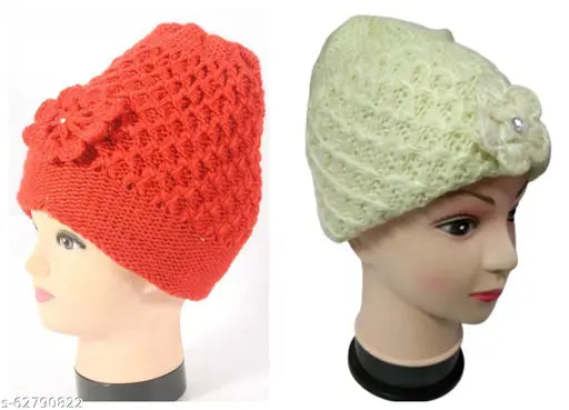 Warm soft woolen knitted winter caps (Pack of 2) - Cozy beanie hats for women, perfect for cold weather