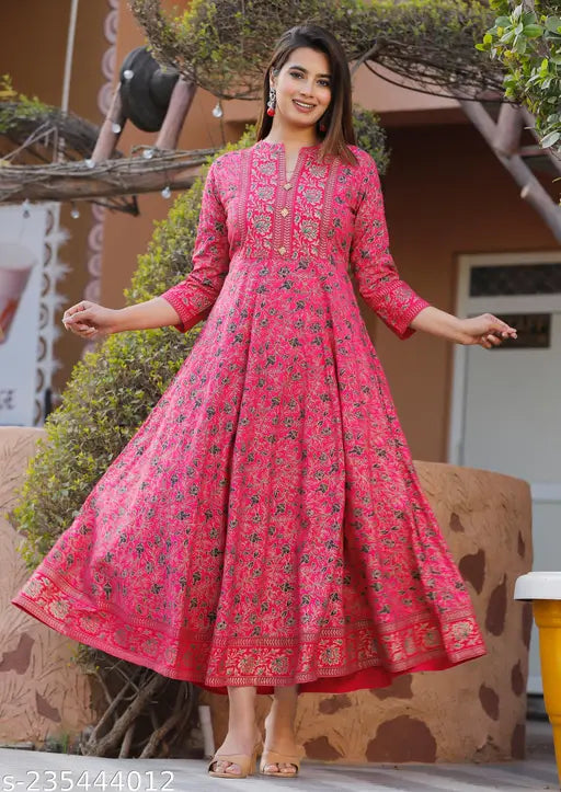 Rayon printed party wear kurta for women with three-quarter sleeves, vibrant Indian fashion