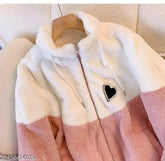 Far pink and white wool colorblocked women's sweater with zip. Large size (S-XL), made in India