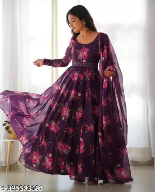 Georgette flower print maxi gown with dupatta & belt, long sleeves, no bottomwear. Indian women's formal wear on mannequin