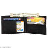 Black leather men's wallet with 8 card slots and 5 compartments. Solid design, branded accessory for free size (12cm x 10cm). Made in India