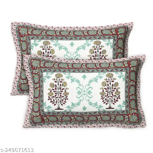 Brown cotton botanical print king size bedsheet with two pillow covers, ideal for summer and adults, hand block designed