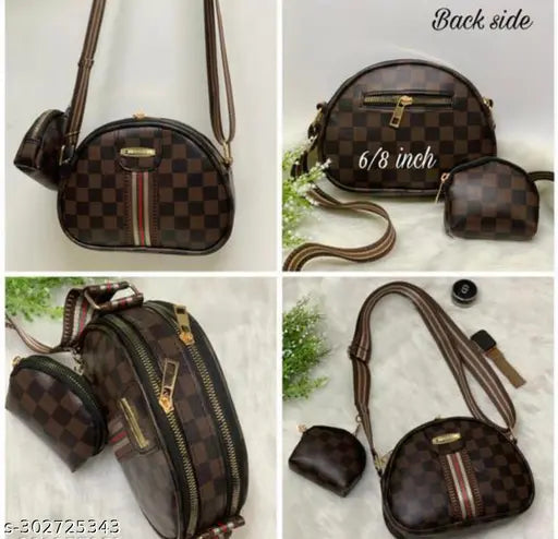 Brown PU Quilted Sling Bag for Women and Girls - 3 compartments, party wear, casual, business, ethnic. Made from synthetic PU material, convenient size for daily use