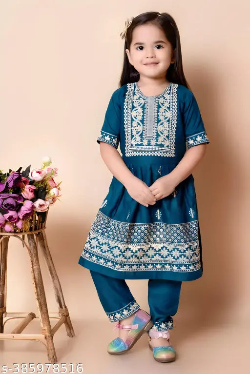 Maroon rayon embroidered kurta set with matching pyjamas - traditional festival wear for girls