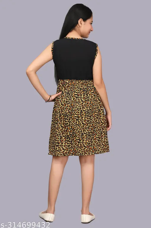 Brown crepe tigerprint dress for girls' summer wear, aged 8-15 years, featuring a fit and flare design