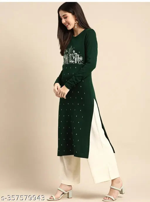 Embroidered wool winter kurta for women, long sleeves, solid print, sizes S-XXL