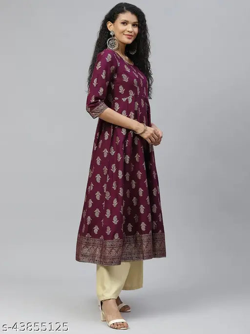 Cotton printed Anarkali Kurta, three-quarter sleeves, gold print, round neck, side zipper, ankle length with latkan, XS-XXL sizes available. Indian traditional women's wear in vibrant colors and patterns