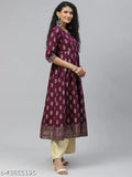 Cotton printed Anarkali Kurta, three-quarter sleeves, gold print, round neck, side zipper, ankle length with latkan, XS-XXL sizes available. Indian traditional women's wear in vibrant colors and patterns