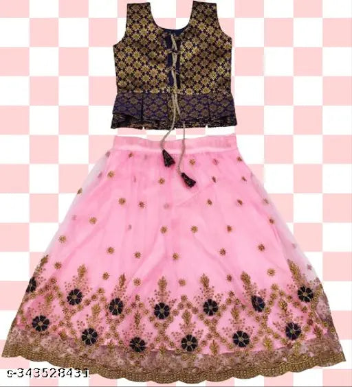 Kids girls readymade net lehenga choli with embroidered patterns, available in various sizes from 2-15 years. Indian traditional party wear for little ones