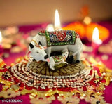 High-quality marble Kamdhenu cow and calf statue with stone studding, 12cm tall, spiritual Vastu decor piece for home or pooja ghar