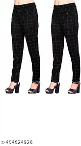 Stretchy black-on-black checked net jeggings combo pack (2), SAVI women's/girls double pocket design for ultimate comfort and style