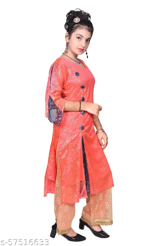 RK Collection Gajri Pink Kurta Palazzo Ethnic Set for Girls - Printed, fine quality net material, trendy & skin friendly