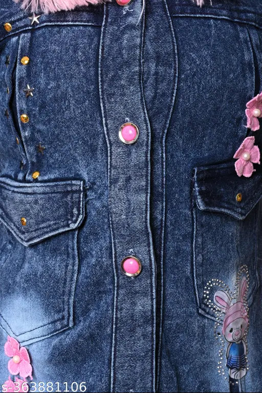 Blue cotton blend denim jacket for girls, long sleeves, borg collar by ADM Garments