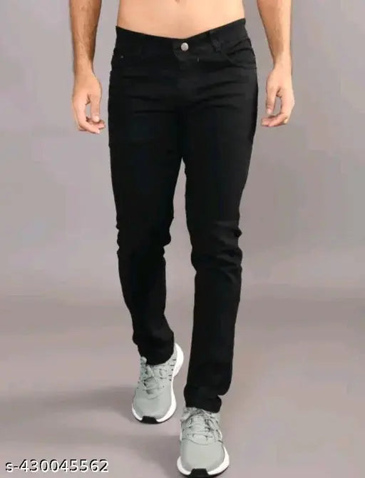 Stylish men's black denim slim-fit jeans with affordable price, featuring timeless design and comfortable fit