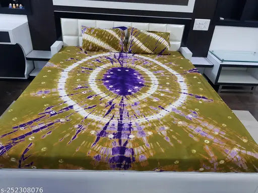 Olive and Purple tie-dye cotton double bedsheet, abstract Rajasthani design, vibrant summer bedding for adults