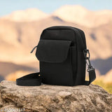 Black fabric sling bag for girls, embroidered net pattern, 2 compartments, free size (12in x 12in x 12in)