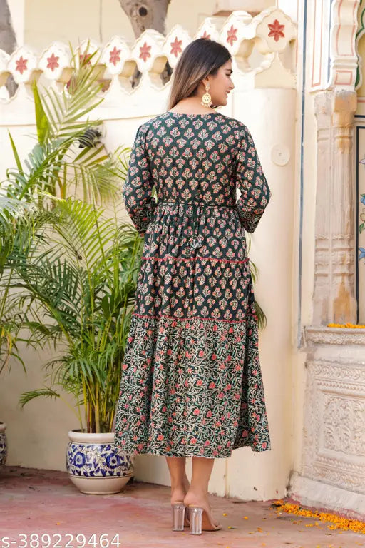 Green rayon printed embroidered flared anarkali gown kurta for women, three-quarter sleeves