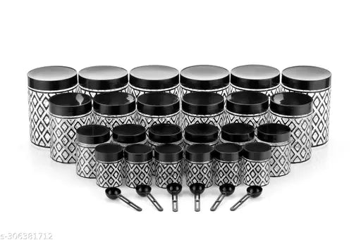 Airtight unbreakable black plastic dry fruit jar set (250ml, 350ml, 650ml, 1200ml; pack of 24) for kitchen storage and food preservation