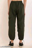 Black cotton blend cargo joggers with lycra, loose fit, wide leg design - perfect for casual outings