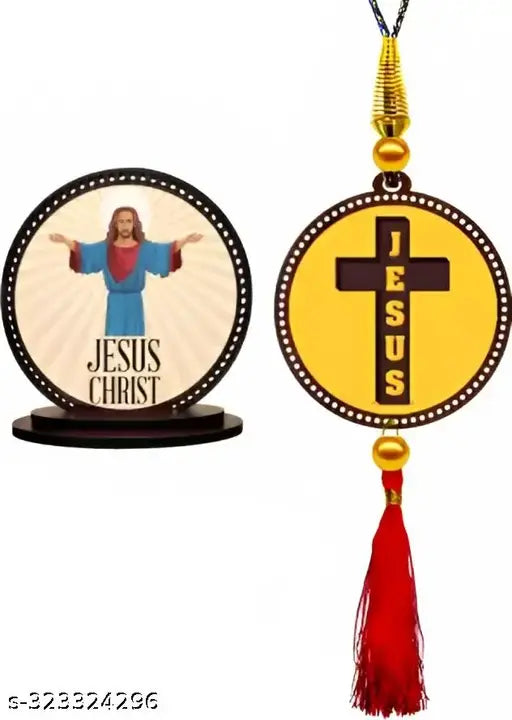 Indian-made wooden Jesus Christ car idol & Holy Cross combo showpiece, 0.4cm thick matte finish, ideal for car interior decor