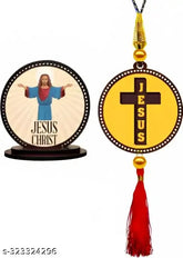 Indian-made wooden Jesus Christ car idol & Holy Cross combo showpiece, 0.4cm thick matte finish, ideal for car interior decor
