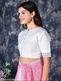 Pastel print chiffon saree with lace border & cotton embroidered separate blouse piece. Indian party wear on mannequin